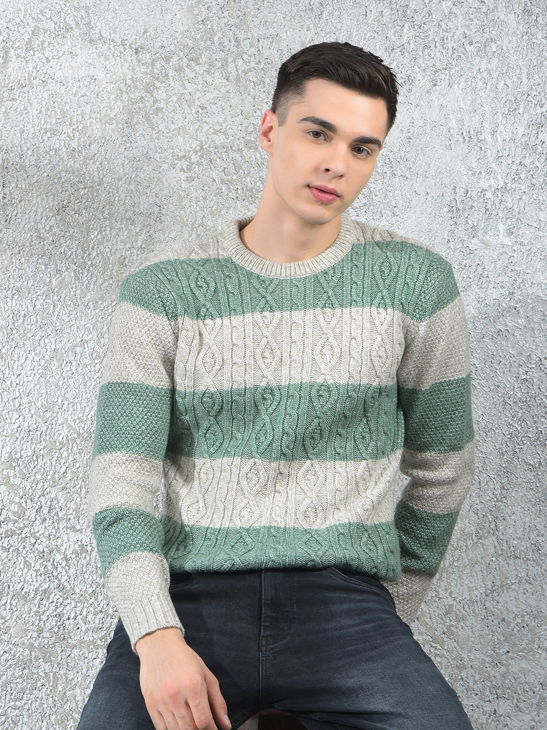 Numero Uno Men Grey Argyl Round Neck Flat Knitted Sweater